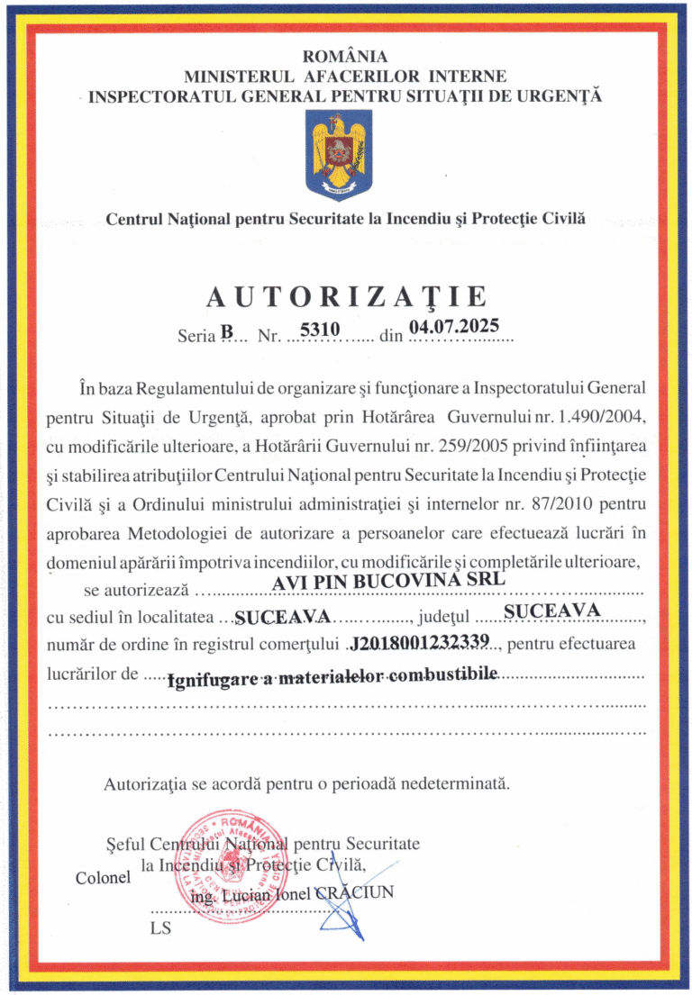 Autorizatie ignifugare