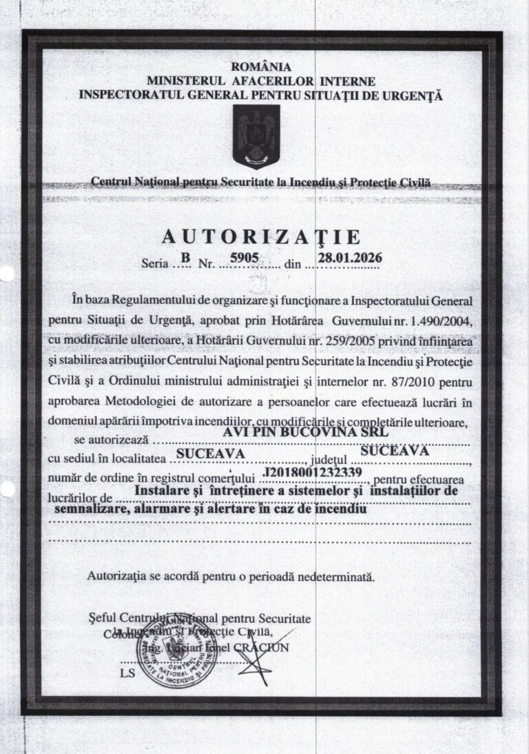 Autorizatie instalare si intretinere a sistemelor si instalatiilor de semnalizare, alarmare si alertare in caz de incendiu